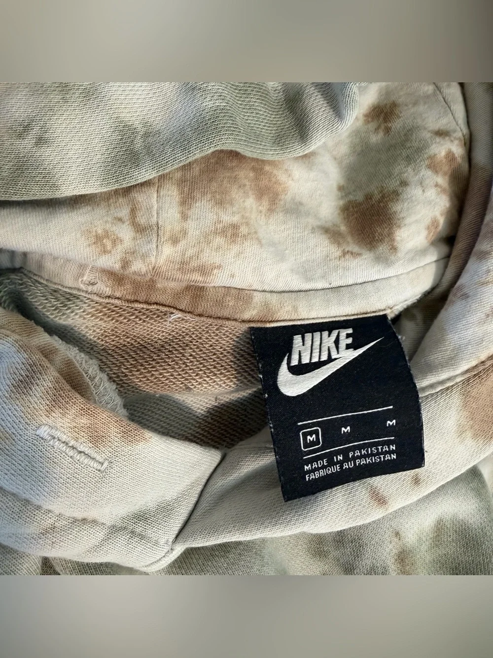 Nike Men's Olive Green & Tan Tie-Dye Pullover Hoodie, Kangaroo pocket, Medium